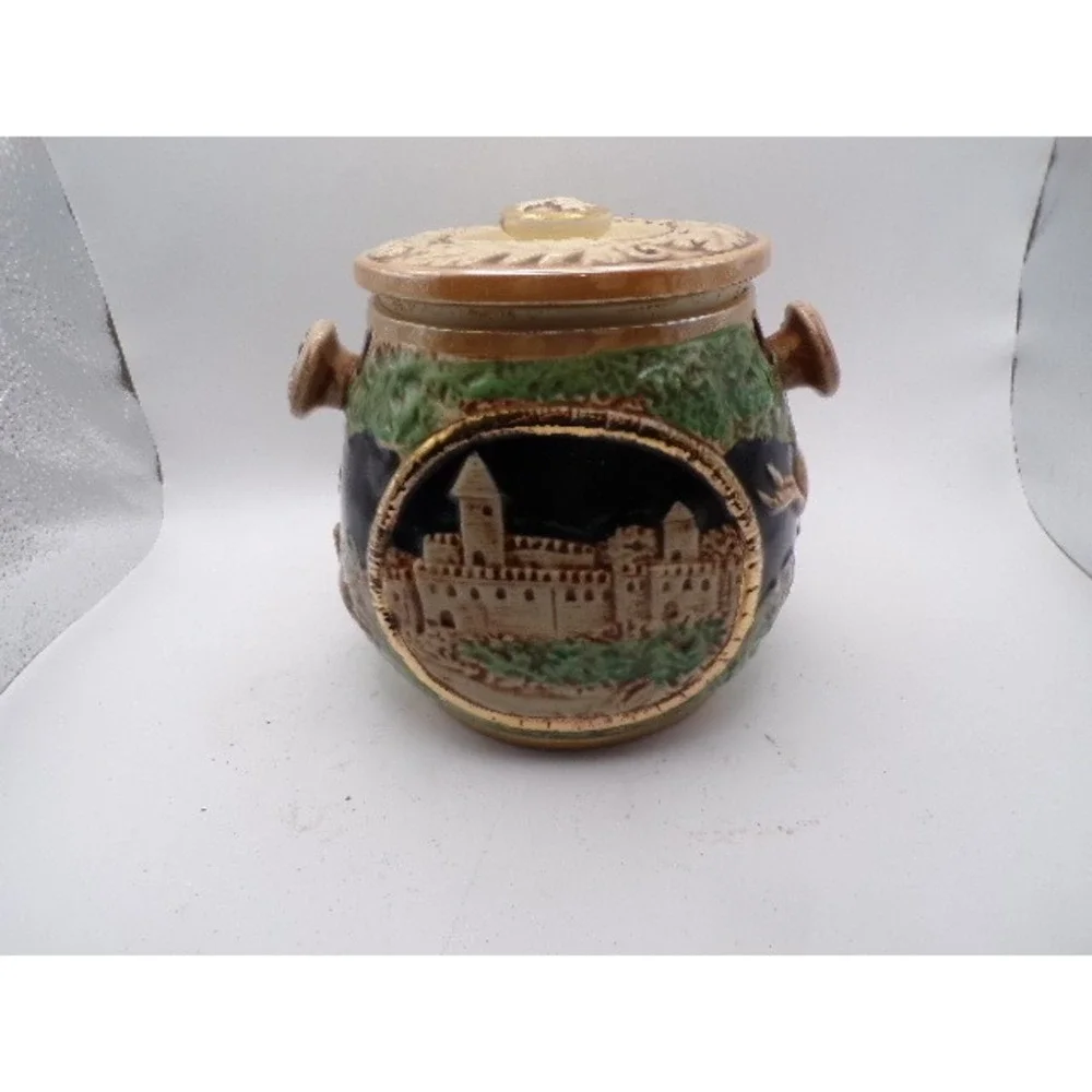 Vintage German Ceramic Pot Lidded Biscuit Jar Embossed‎ Castle Scene Figuri